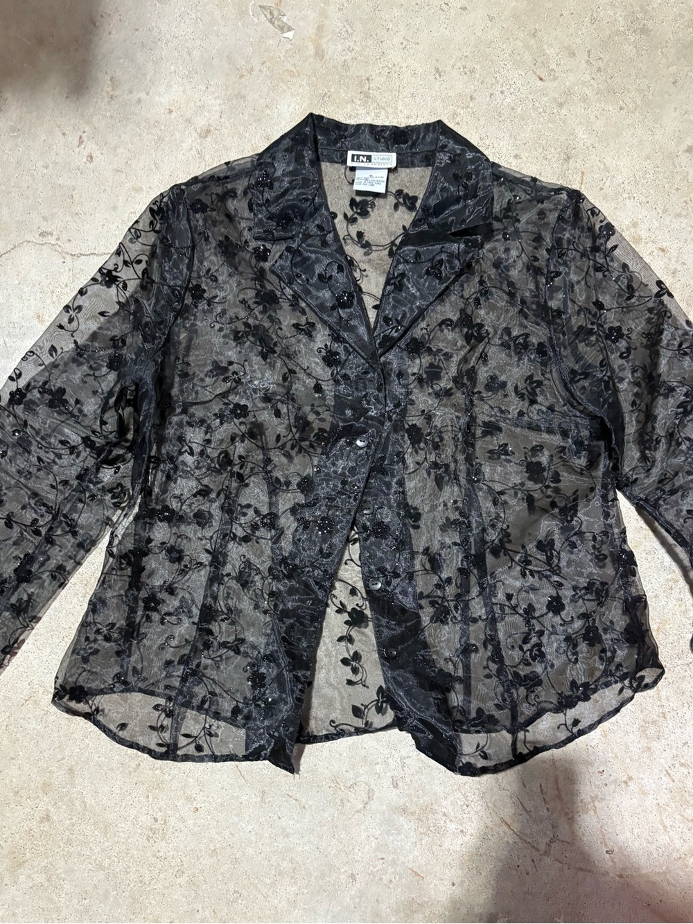 I.N. Studio Black Sheer Floral Embroidered Button-Up Blouse
